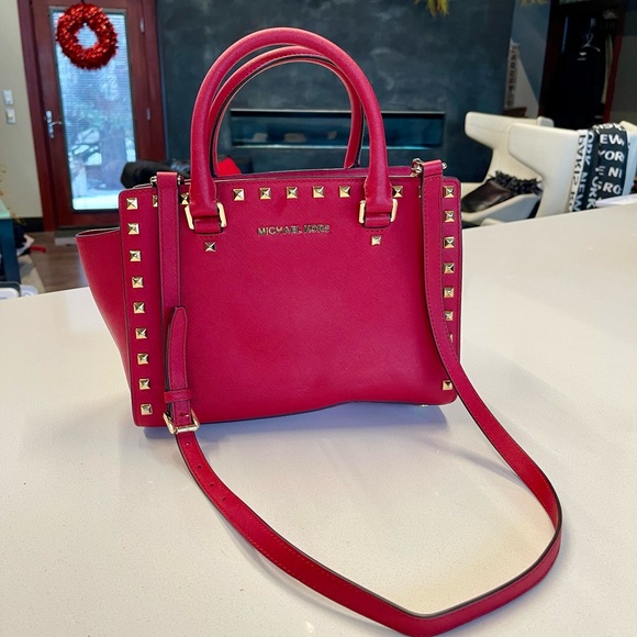 MICHAEL KORS Red Bag Leather gold prism Studs studded Hand Shoulder JA-23952